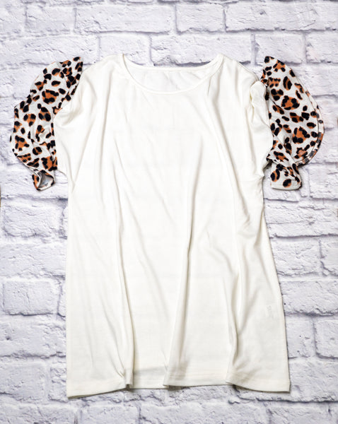 White Leopard Ruffle Sleeve Top